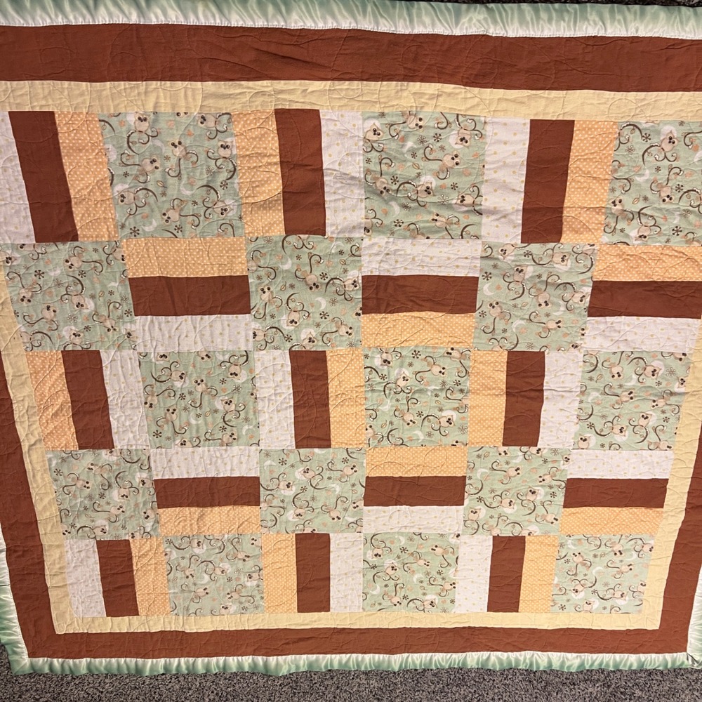 Patchwork Baby Quilt Owl Minky Back Satin Trim Sage Green 61 x54